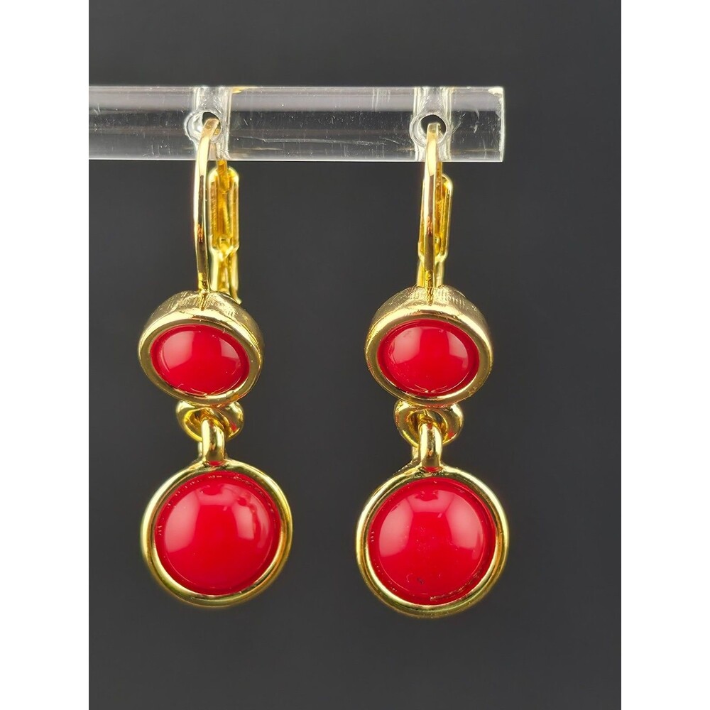 Vintage 90s Napier Red Lucite Button Gold Plated 3.5cm Dangle Earrings